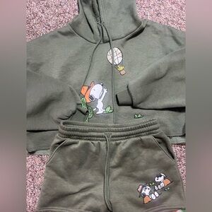 Peanuts Snoopy 2pc Hoodie & Shorts Set Olive Green Desert Motel